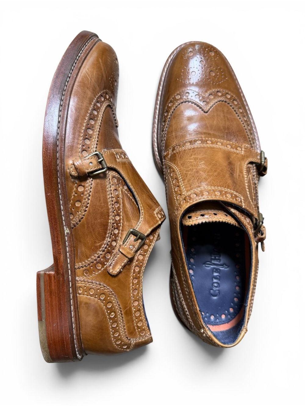 Cole Haan Tan Leather Wingtip Double Monk Strap Shoes 8.5 NWOB - Picture 3 of 9